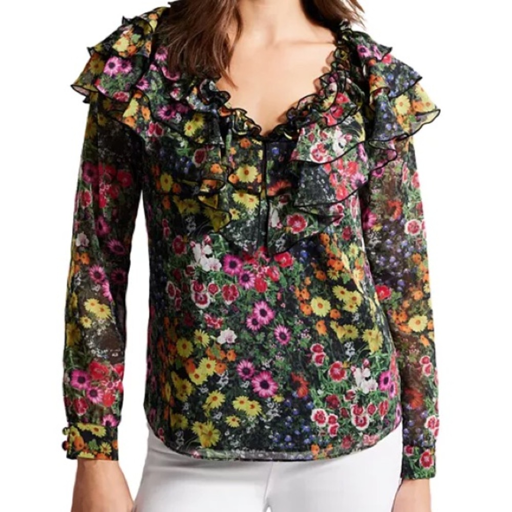 Ted Baker Pink and Yellow Ruffled Long Sleeve Blouse size 4